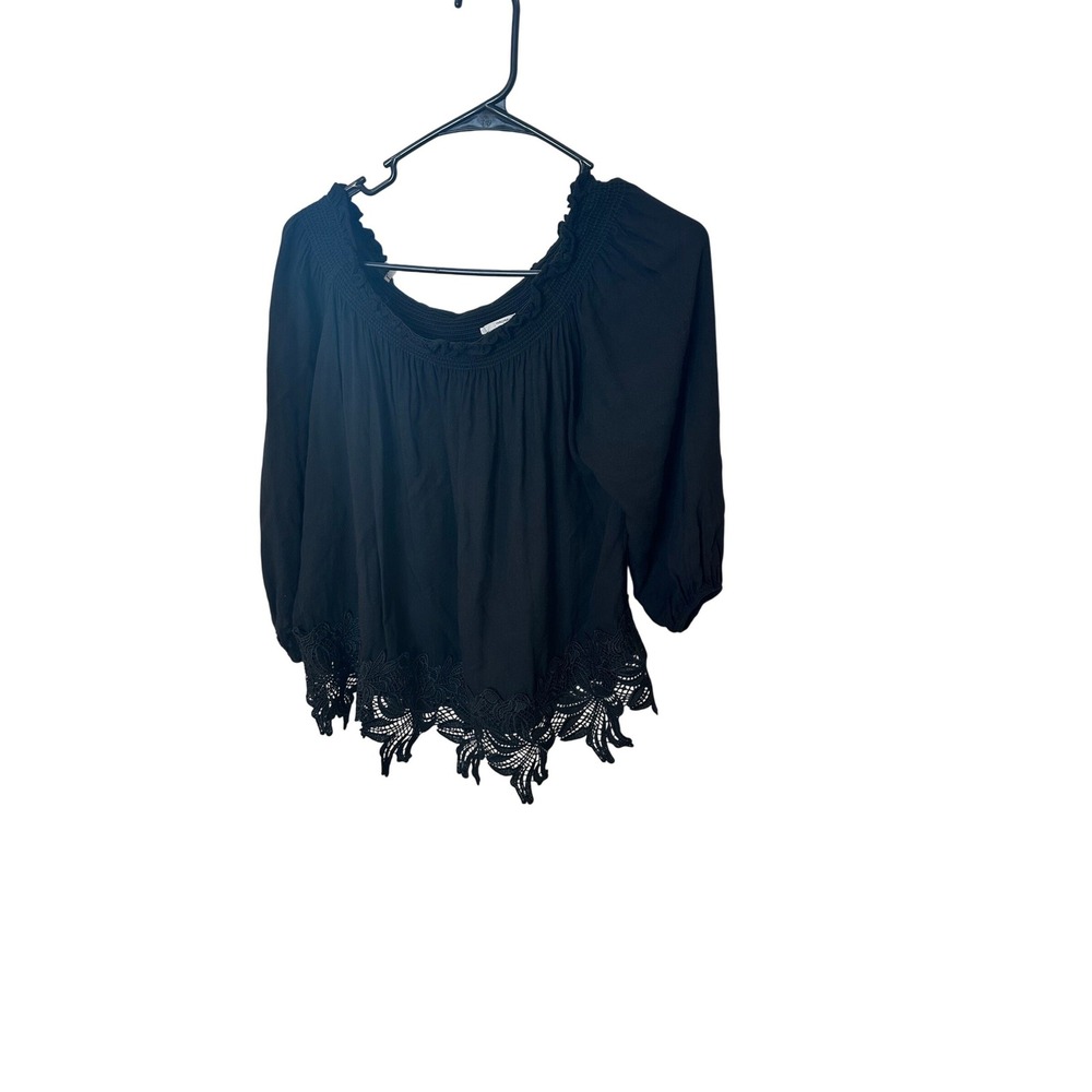 Halogen Black Smocked Off The Shoulder Blouse Crochet Lace Hem Rayon Top Medium